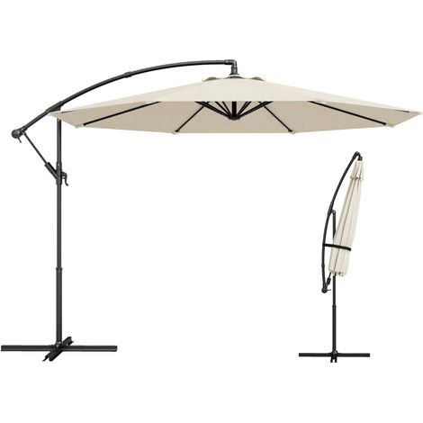 Parasol Excéntrico Ø300 cm con Base Cruzada Toldo Ajustable y Manivela UPF30+ para Terraza Patio Blanco Crema