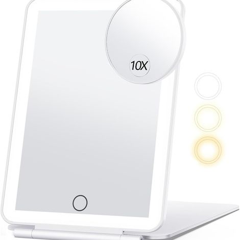 Miroir de maquillage de voyage avec grossissement 10x, miroir cosmétique avec lumière 3 couleurs, miroir de maquillage portable avec lumière (blanc) (1/5)