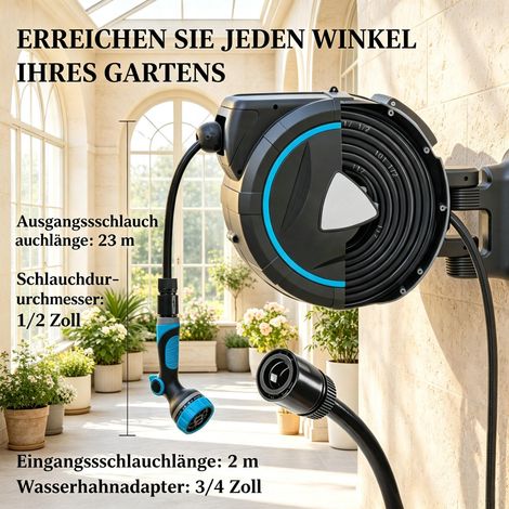 Enrouleur mural automatique tuyau d'arrosage 25m, dévidoir avec pistolet 10 jets, 55x31x50 cm, support fixe pour jardin. (1/5)