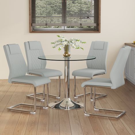 Ensemble table et chaises de salle à manger : Table de salle à manger moderne et minimaliste en verre de sécurité d’un diamètre de 85 cm, associée à 4 chaises de salle à manger avec pieds en métal arg (1/5)