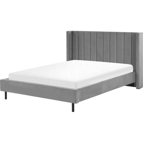 Lit Double en Velours Gris 160 x 200 cm avec Haute Tête de Lit Rembourrée Élégant avec Tendance Rétro pour Chambre Glamour ou Classique Beliani