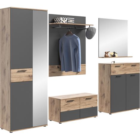 Badezimmer-Set: Waschtischunterschrank + halbhohe Säule + Spiegel – Anthrazitgrau und helles Eichenholz – SELMA