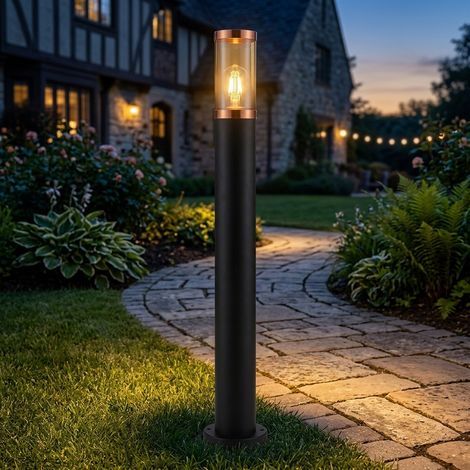 Lampe de chemin d'accès Lampe de jardin Lampadaire d'extérieur Lampadaire en acier inoxydable, accent cuivre fumée noire, 1x E27, DxH 7,6x80 cm (1/5)