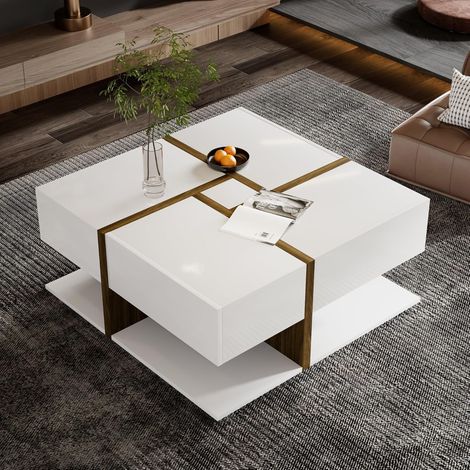 Table basse avec rangement – Table basse de salon avec éclairage LED et tiroirs – Design laqué brillant – Charge maximale : 50 kg – 100 x 50 x 38,5 cm – Blanc