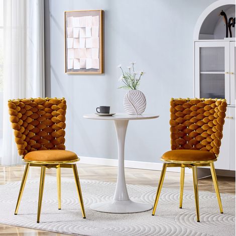 Juego de 2 sillas de comedor con respaldo trenzado, asiento acolchado, terciopelo naranja y patas metálicas doradas (1/5)