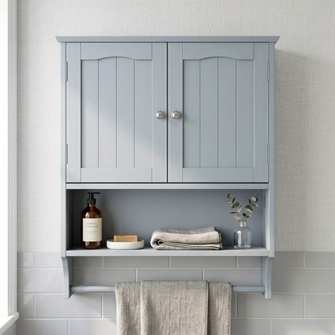 URBAN MEUBLE Armoire à Pharmacie Suspendue, Placard de Salle de Bain avec Porte-Serviettes, 2 Portes et Niches