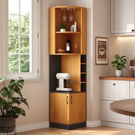 Meuble d'angle haut pour vin avec porte‑verres – Casier à vin et portes de placard – Meuble bar autoportant peu encombrant pour cuisine, salle à manger et salon – 40×40×182 cm (1/5)