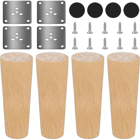4 Pièces Pieds De Meuble Bois, 25cm Chêne Pied de Meuble Bois avec Plaques et Vis pour Canapé, Pieds Coniques pour Canapé Fauteuil Lit Armoire ou Commode Penderie (1/5)