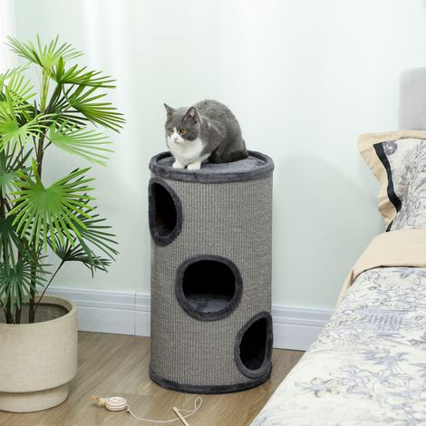 Tonneau gratter chat tour griffer sisal 3 niveaux peluche Ø38x70 cm gris clair (1/5)