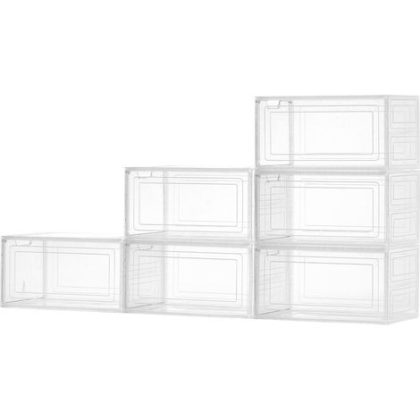 Boîtes de Rangement à Chaussures, Lot de 6, Empilables et Transparentes, Porte Magnétique, Convient jusqu'à Pointure 13, Contenants en Plastique pour Talons, Bottes et Chapeaux, Blanc Transparent (1/5)