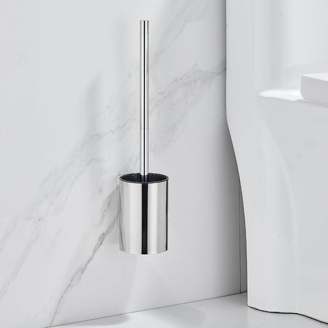 Brosse de Toilettes et Supports Murales - Balai pour Cuvette WC avec Manche en Acier Inoxydable, Support Adhésif Transparent, 2 Balayette Douces - Argenté (1/5)
