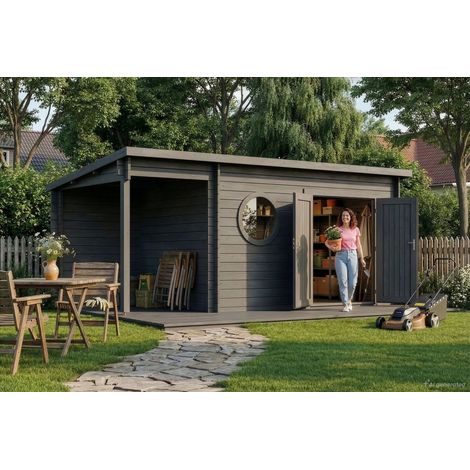 Alpholz Gartenhaus Maria Rondo C Gartenhaus aus Holz in Grau, Holzhaus mit 34 mm Wandstärke inklusive Schleppdach, Blockbohlenhaus mit Montagematerial