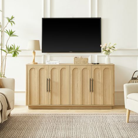 Buffet à façade cintrée, 4 portes, charnières à fermeture amortie et système anti-basculement, meuble de rangement de 160 cm de large pour salon et salle à manger, finition bois (1/5)