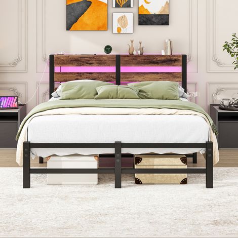 Letto 120x200 cm nero/marrone con LED, USB e vano, metallo e legno, senza materasso MEUBLIV (1/5)