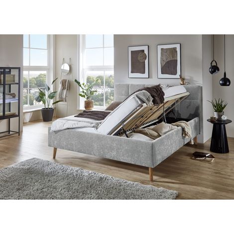 Meise Möbel Stauraumbett Nova 180x200 cm  Doppelbett  Bettkasten & Lattenrost (Federholzrahmen)  Webstoff Grau  Holzfuß eichefarbig (1/5)