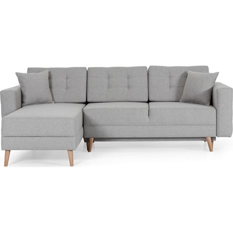 Ecksofa mit Schlaffunktion HASGARD, 3-Sitzer, grau 248x162 cm – mit Stauraum und Holzfüßen