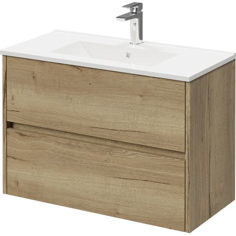 Montego Autumn Oak 800mm Wall Mounted Vanity Unit with 1 Tap Hole Minimalist Basin and 2 Drawers (1/5)