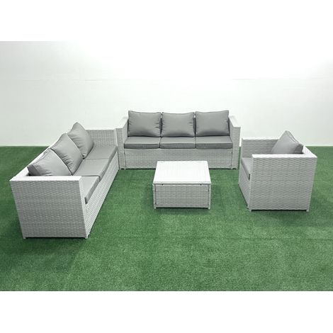 Fimous Wicker PE Rattan Sofa Garden Furniture Set with Armchair Square Coffee Table Light Grey Mixed (1/5)
