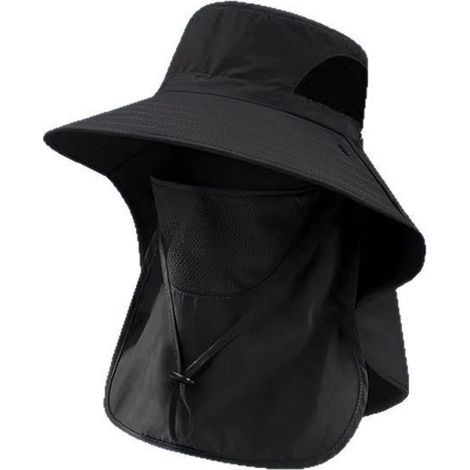 Schwarzer Outdoor-Sonnenhut mit abnehmbarem Gesichts- und Nackenschutz – extra breite Krempe, Belüftung und UV-Schutz für Wandern, Angeln und Gartenarbeit (1/4)