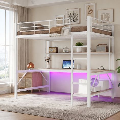 Hochbett 140x200 cm Weiß aus Metall und MDF mit Schreibtisch, Regal, Leiter, Geländer, LED, USB und Steckdose (1/5)