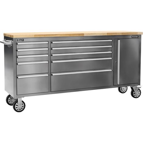 Sealey Premier&trade Mobile Stainless Steel Tool Cabinet & Cupboard 10 Drawer AP7210SS