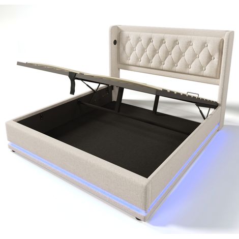 Gepolstertes Doppelbett 140x200 cm Beige mit LED, USB Type-C und Bettkasten (1/5)