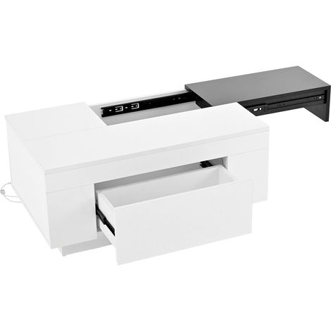 Mesa auxiliar de café moderna blanca y negra con LED, mesa extensible y cajón (1/5)