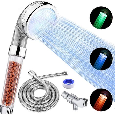Pommeau de douche LED avec pommeau de douche à main haute pression avec tuyau et support, 3 filtres à économie d'eau à température contrôlée pour cheveux secs et peau (1/5)
