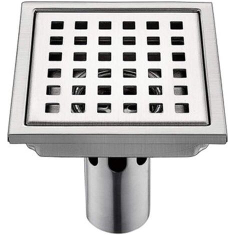 150 x 150 mm Siphon de douche carré en acier inoxydable brossé 304, grand diamètre, anti-obstruction, pour salle de bain, 150 x 150 mm (1/4)