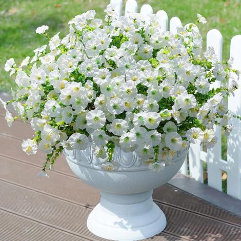 Artificial Outdoor Flowers Fake Plants, 12 Bundles Silk Morning Glory Eucalyptus Realistic Colorful Faux Flowers for Outside Planter Porch Yard Patio Balcony (white) (1/5)
