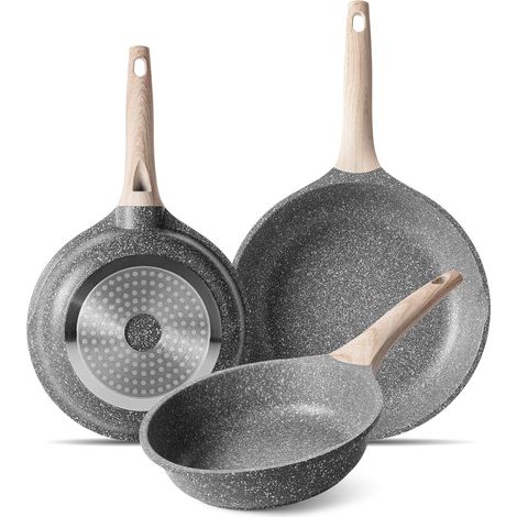 Non-Stick Frying Pan, 20 cm + 24 cm + 28 cm, Stone Pan, Granite Coating, Omelette Pan, Induction Saucepans (Grey, 20+24+28cm) (1/5)