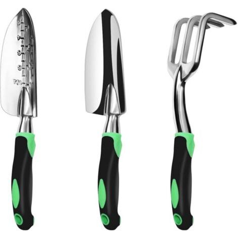 Ensemble d'outils de jardinage, lot de 3, kit de jardinage robuste en aluminium comprenant une truelle à main, une truelle de transplantation et un râteau à main cultivateur (1/4)