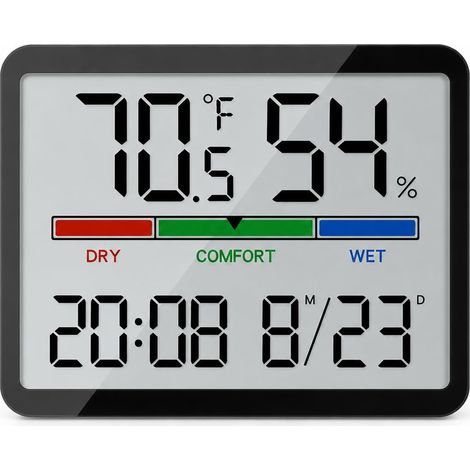 Digitales Hygrometer für Innenräume – Uhr mit Temperatur- und Luftfeuchtigkeitsanzeige – Temperaturanzeige mit Komfortanzeige – Wand-/Magnet-/Tischwecker für Schlafzimmer und Wohnzimmer (1/5)