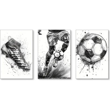 Lot de 3 tableaux muraux - Noir et blanc - Motif football - Impression d'art - Pour salon, chambre à coucher - Sans cadre - 20 x 30 cm