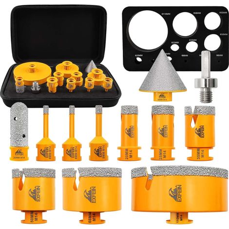 Lot de 12 forets diamantés pour carrelage 6/6/8/20/25/35/50/68/110 mm + embout de fraisage à doigts de 20 mm + embouts chanfreinés de 50 mm + adaptateur pour porcelaine, carrelage, marbre (1/5)