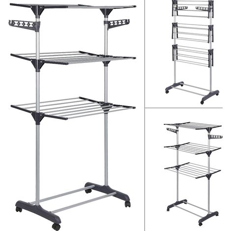 Multifonction 3 Niveaux Étendoir à Linge Pliable avec Ailes Supplémentaires Gris (1/5)