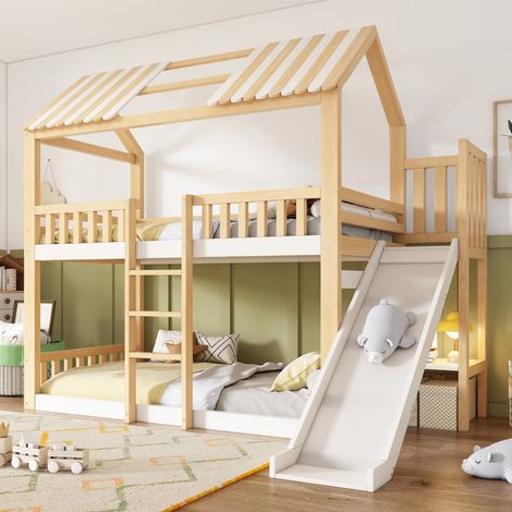 Lit superposé enfant 90x200cm cabane toit pignon blanc avec toboggan 35cm étagère escalier sécurisé norme EN747 (sans matelas) (1/5)