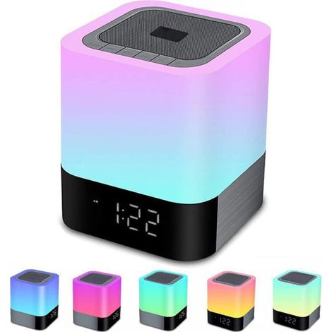 SABIR Enceinte Haut-parleur Bluetooth Portable Lampe de Chevet LED avec Contrôle Tactile, Lampe de Table Couleur Changeant la Lumière de Nuit avec le Réveil pour la Chambre, (1/5)