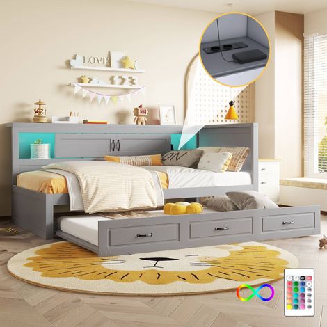 Lit gigogne 90x200 cm enfant avec LED, lit banquette convertible, rangement latéral, prises USB, lit extensible 90x190 cm, sans matelas (1/5)
