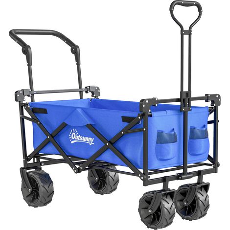 Chariot de transport pliant tout-terrain avec toit, poignée et panier, acier noir, Oxford bleu (1/5)