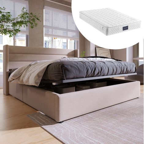 Stauraumbett 140x200 cm Beige aus Leinen mit Hydraulik, Kopfteil und Bettkasten (1/5)