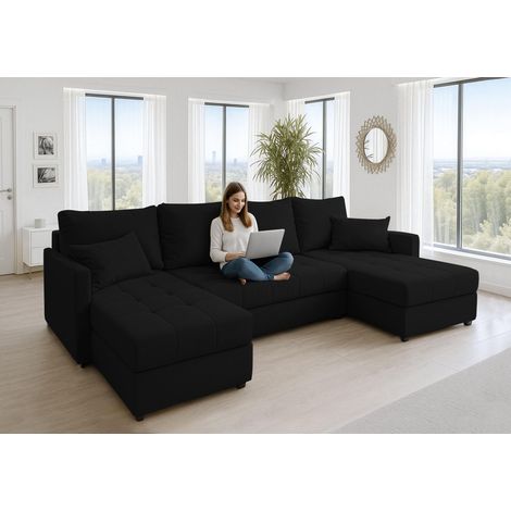 AX LIVING Ecksofas groß Dolceo 287 cm – Sofa schwarz mit Schlaffunktion & Ottomane