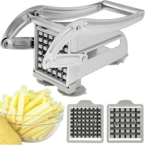 Coupe-Frites, Coupe Frites Manuel, Coupe Frite Professionnel avec 2 Lames de Rechange en Acier Inoxydable et Base D'aspiration Sécurisée pour Pommes de Terre Carottes Concombres Ananas (Argent A) (1/4)