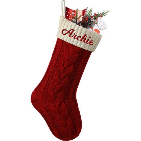 Bas de Noël Cousus, 2 Pièces 46 cm, Grand Modèle Tricot Rouge et Blanc Ivoire, Chaussettes Suspendues pour Famille, Cadeaux et Décor de Cheminée (1/5)