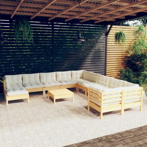 12-tlg. Garten-Lounge-Set mit Creme Kissen Kiefernholz (1/5)