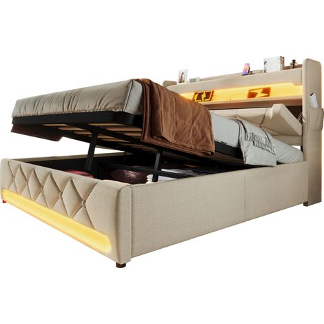 CHICFURN Lit coffre 140x190 avec tête de lit de rangement, LED 360°, prises USB et USB-C, coffre hydraulique, tissu beige, sans matelas, pour chambre moderne (1/5)