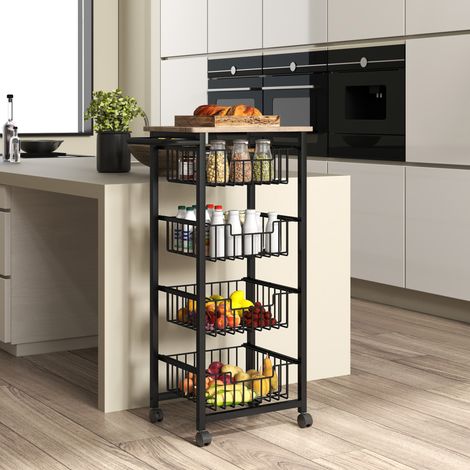Carro de cocina de 4 niveles con ruedas, carrito de servicio rodante, carrito de cocina con 4 cestas de acero, carrito de servicio
