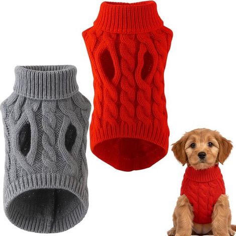 Abbigliamento per animali domestici, confezione da due maglioni per cani, caldi maglioni invernali per cani di piccola taglia, tinta unita, lavorazione a trecce, collo alto (1/5)