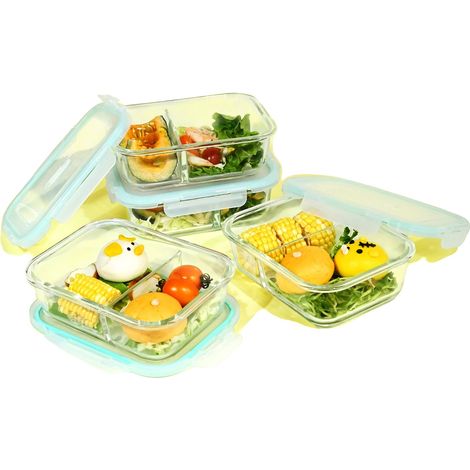 Contenitore bento in vetro, a prova di perdite, adatto al microonde, 4 pezzi (1/2)