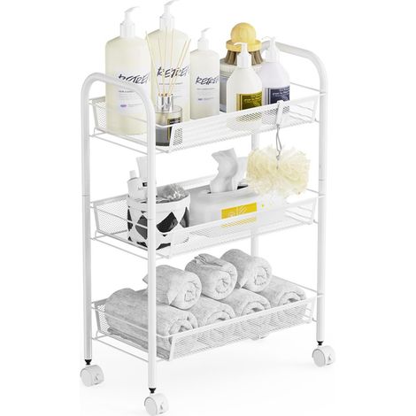 Carrello da cucina portatile multifunzione a 3 ripiani, per bagno, cucina e lavanderia, in metallo antiruggine, cestino a rete traspirante e gancio laterale incluso, facile da montare - Bianco (1/5)
